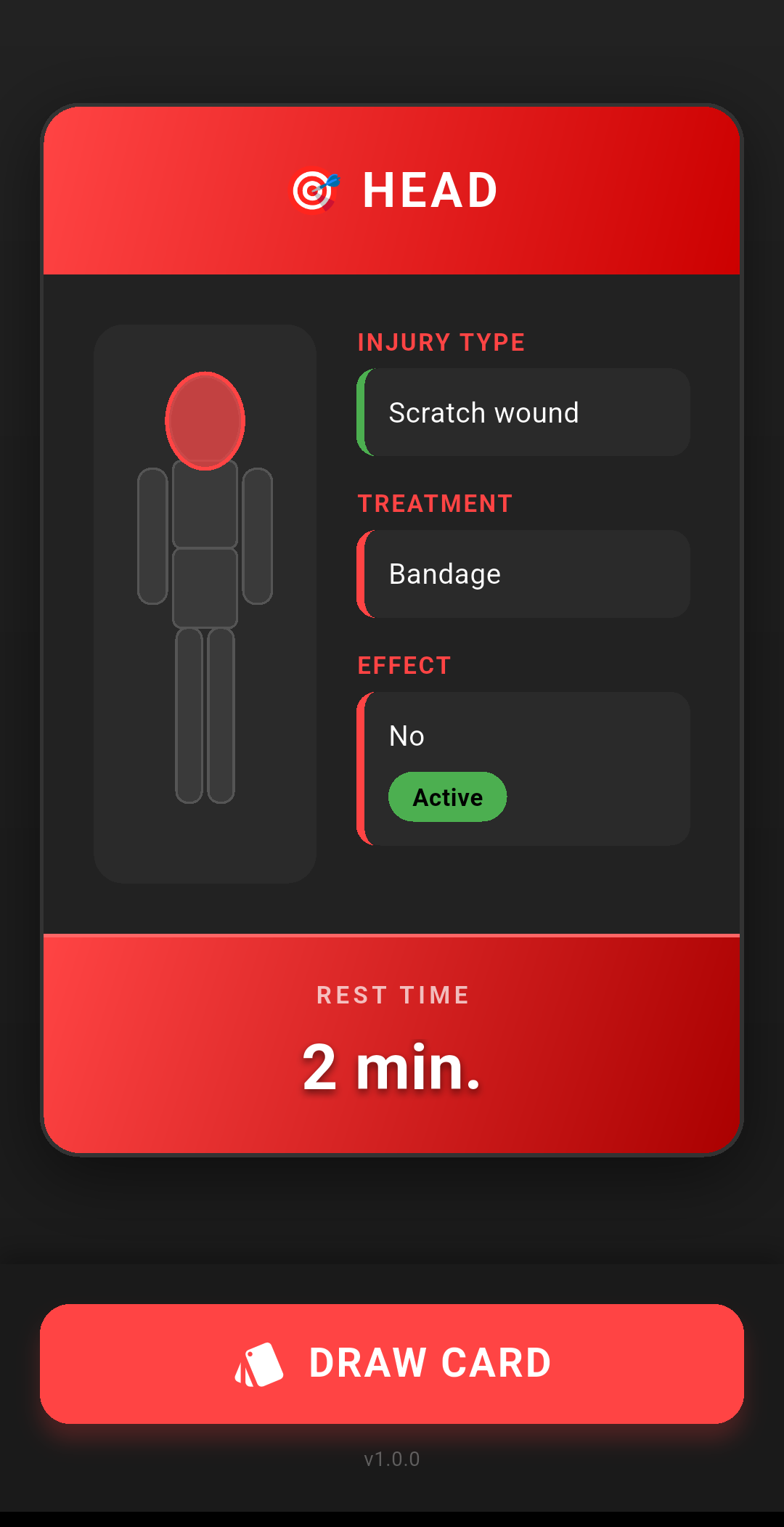AMS app running on Android — a Head injury card showing the body diagram, treatment and rest time, with the Draw Card button