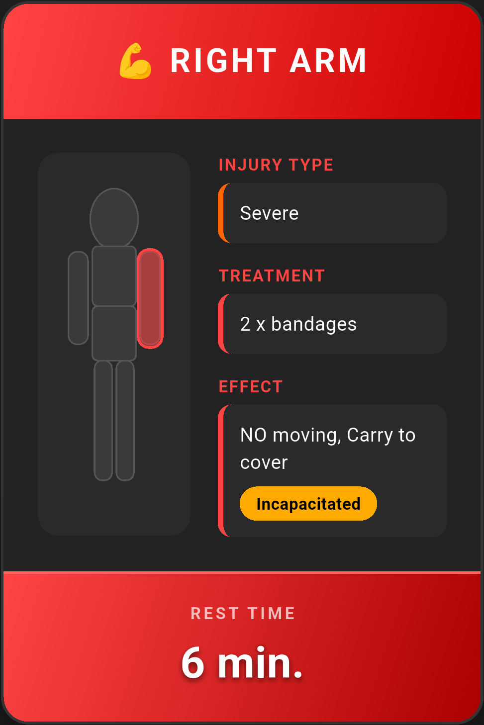 AMS card — Right Arm, severe, immobilized